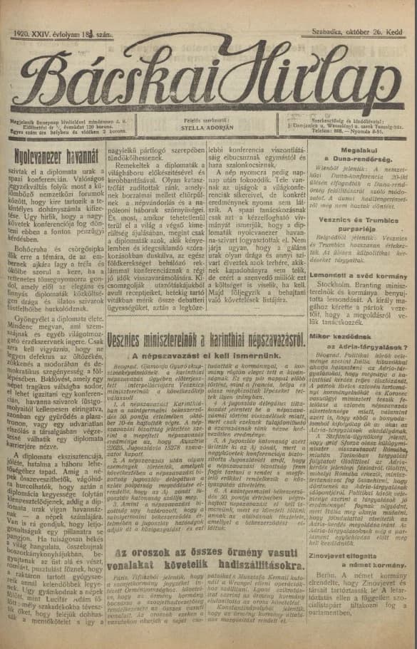 Bácskai Hirlap, 24. évf. 1920. október 26. 183. sz.