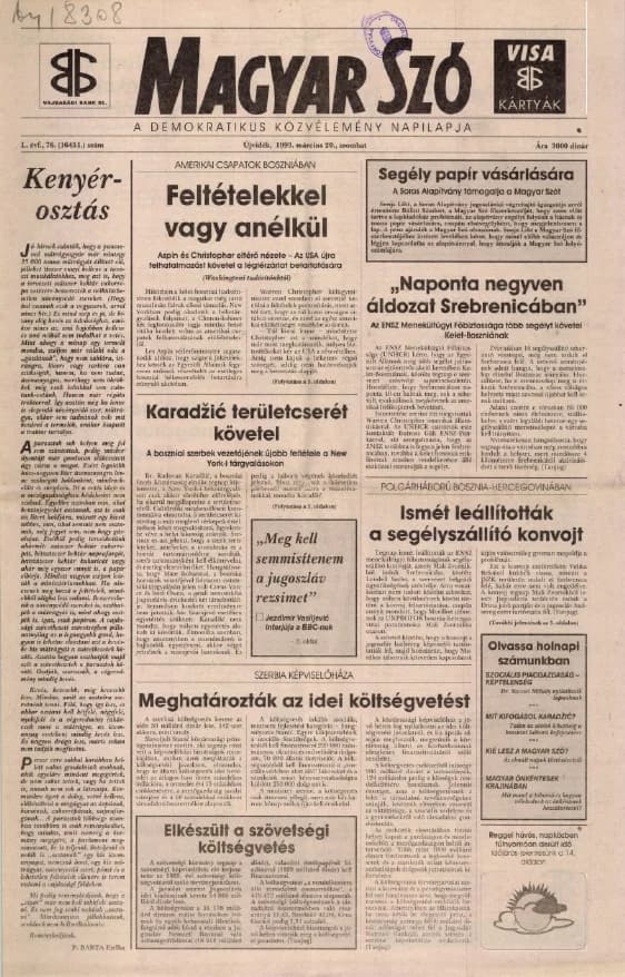 Magyar Szó, 50. évf. 1993. március 20. 76. sz. 1–16. oldal
