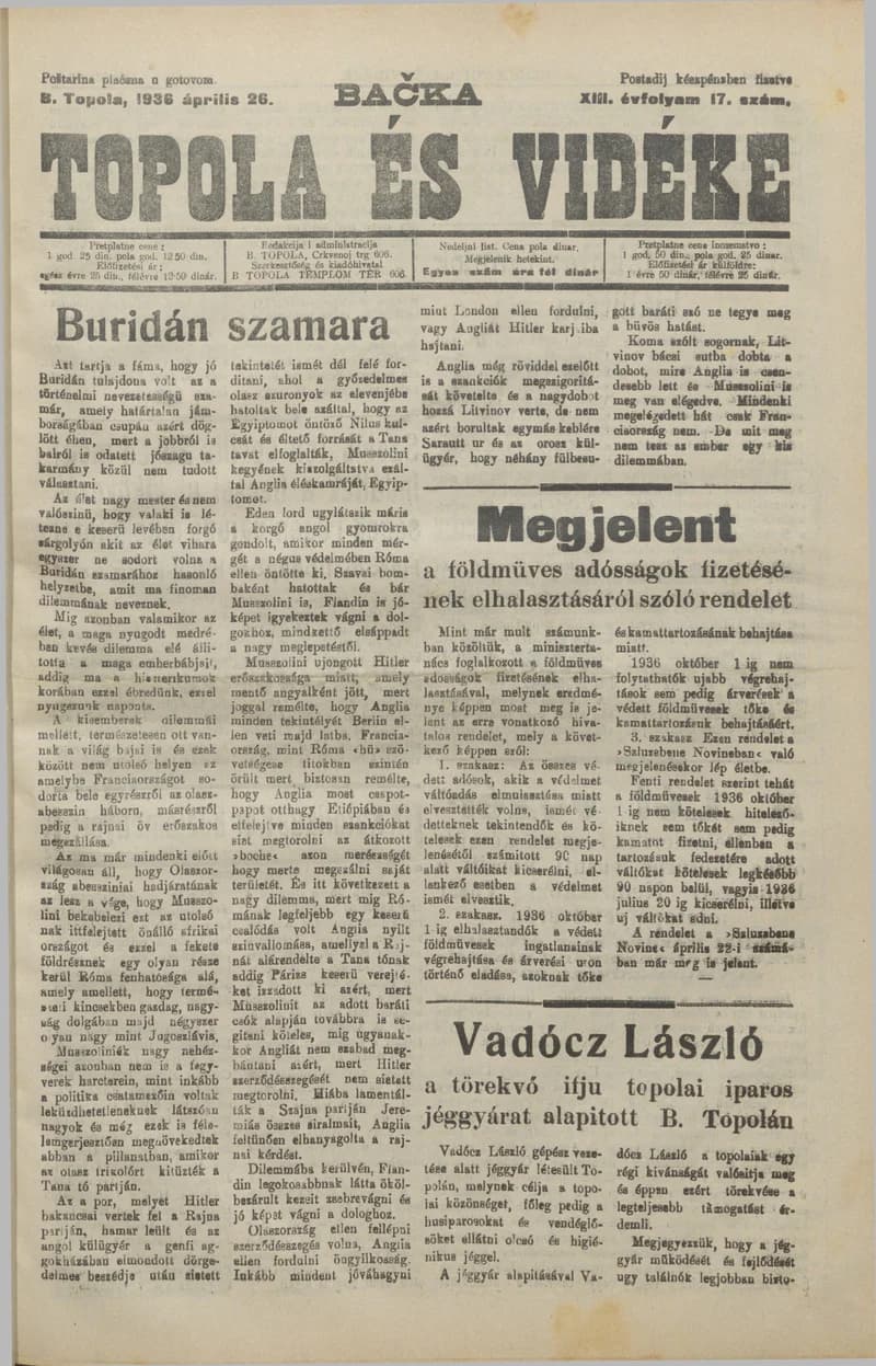 Bačka Topola és Vidéke, 13. évf. 1936. április 26. 17. sz.
