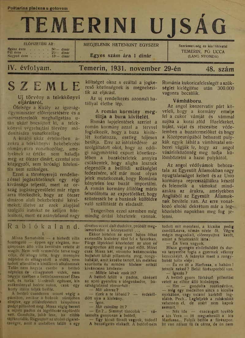 Temerini Újság 1928-1944, 4. évf. 1931. november 29. 48. sz.