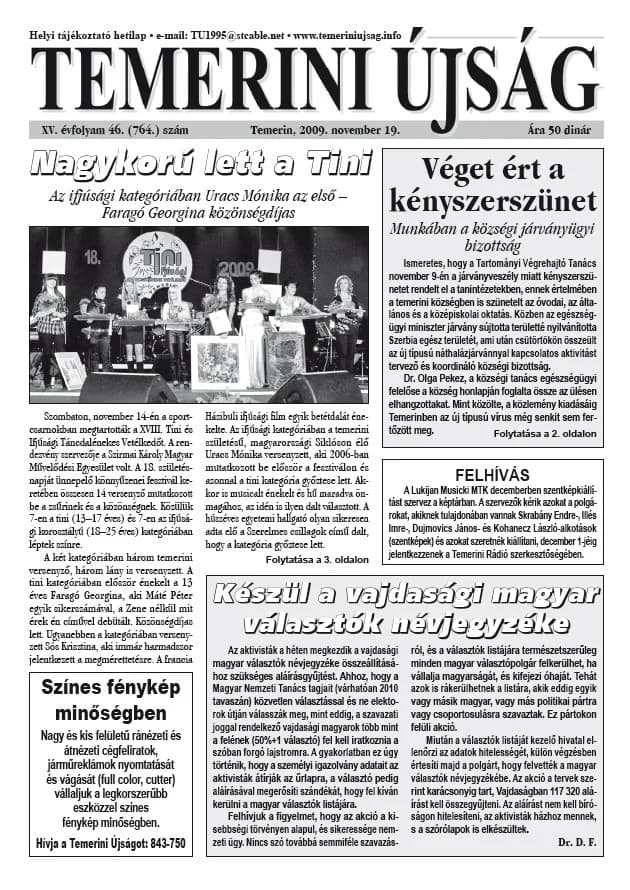 Temerini Újság, 15. évf. 2009. november 19. 46. sz.