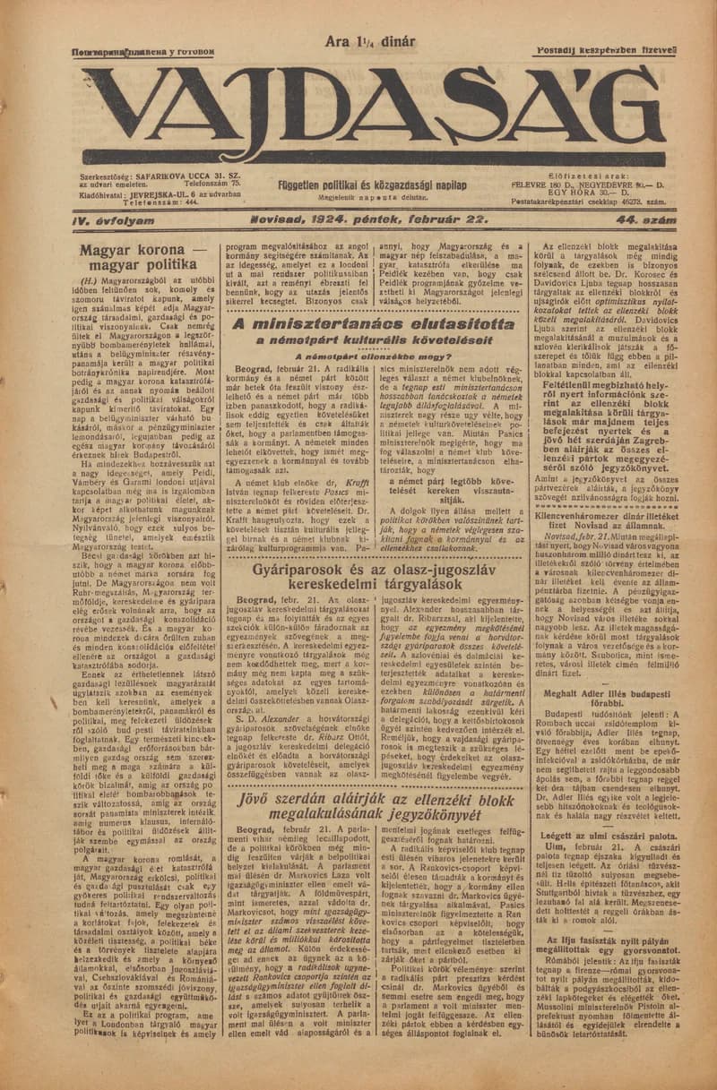 Vajdaság, 4. évf. 1924. február 22. 44. sz.