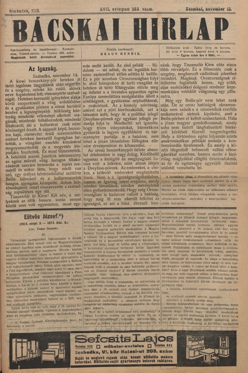 Bácskai Hirlap, 17. évf. 1913. november 15. 263. sz.