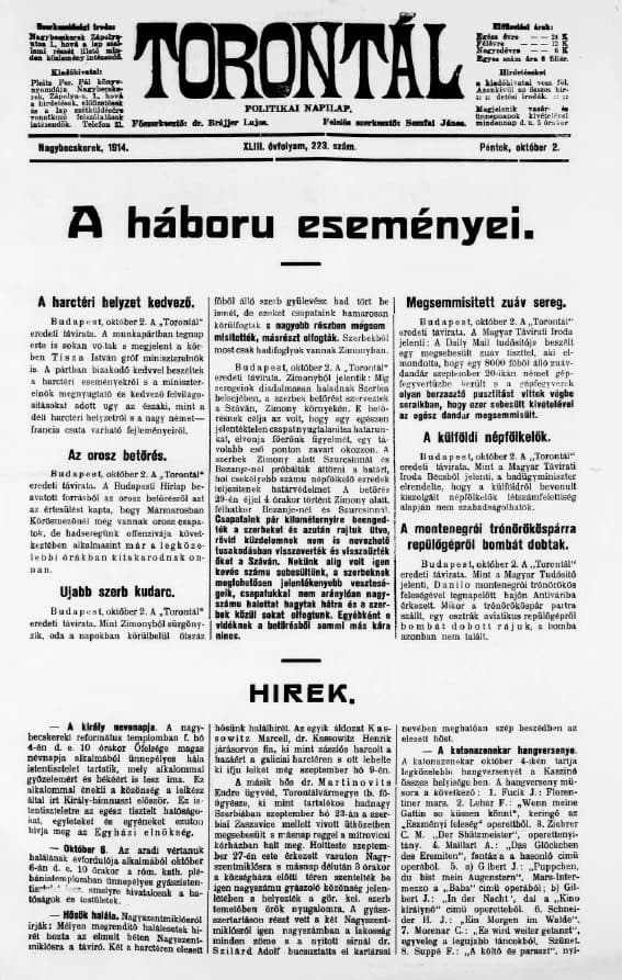 Torontál, 43. évf. 1914. október 2. 223. sz.