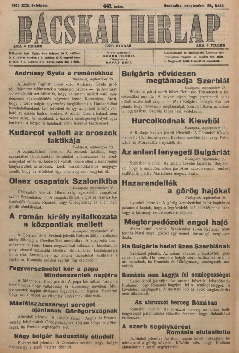 Bácskai Hirlap, 19. évf. 1915. szeptember 28. 441. sz.