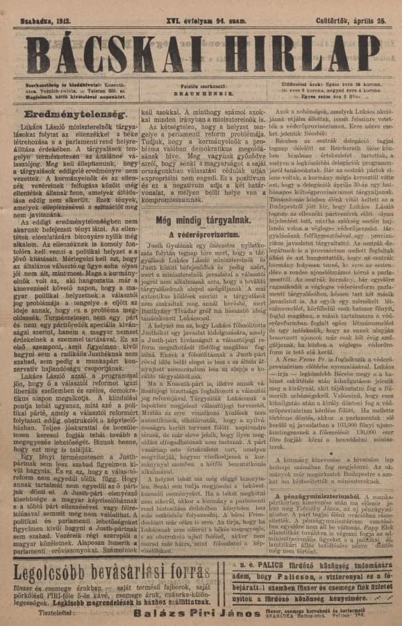 Bácskai Hirlap, 16. évf. 1912. április 25. 94. sz.