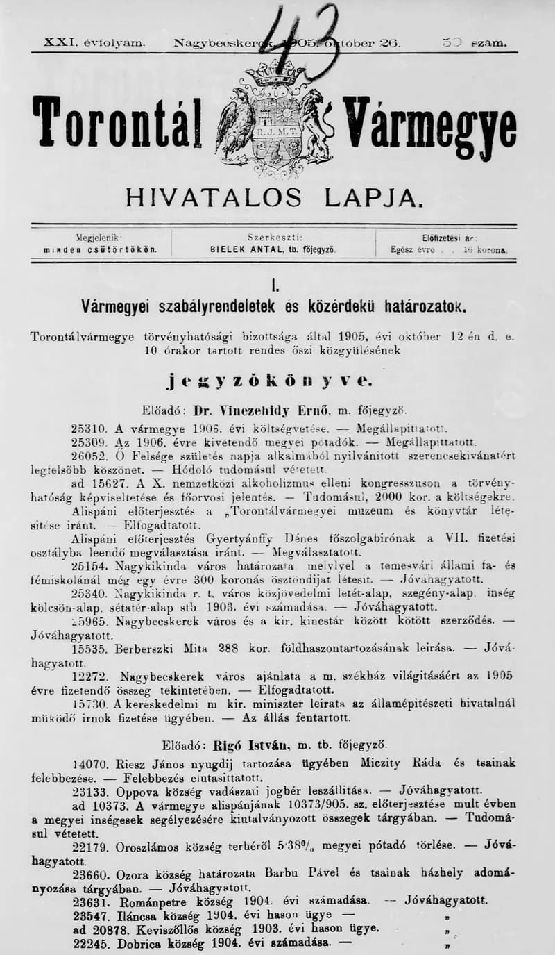 Torontál Vármegye Hivatalos Lapja, 21. évf. 1905. október 26. 50. sz.