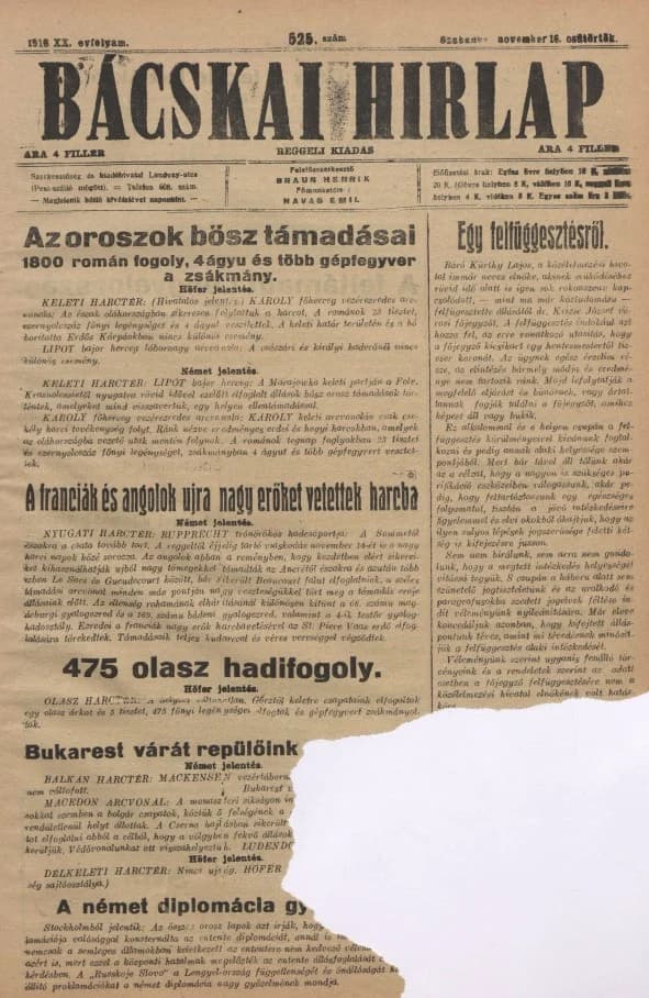 Bácskai Hirlap, 20. évf. 1916. november 16. 525. sz.