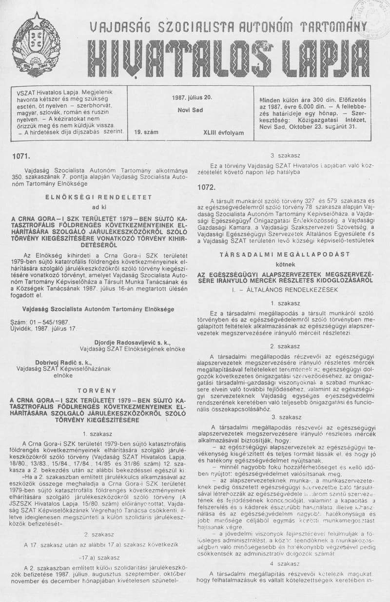 Vajdaság Szocialista Autonóm Tartomány Hivatalos Lapja, 43. évf. 1987. július 20. 19. sz.