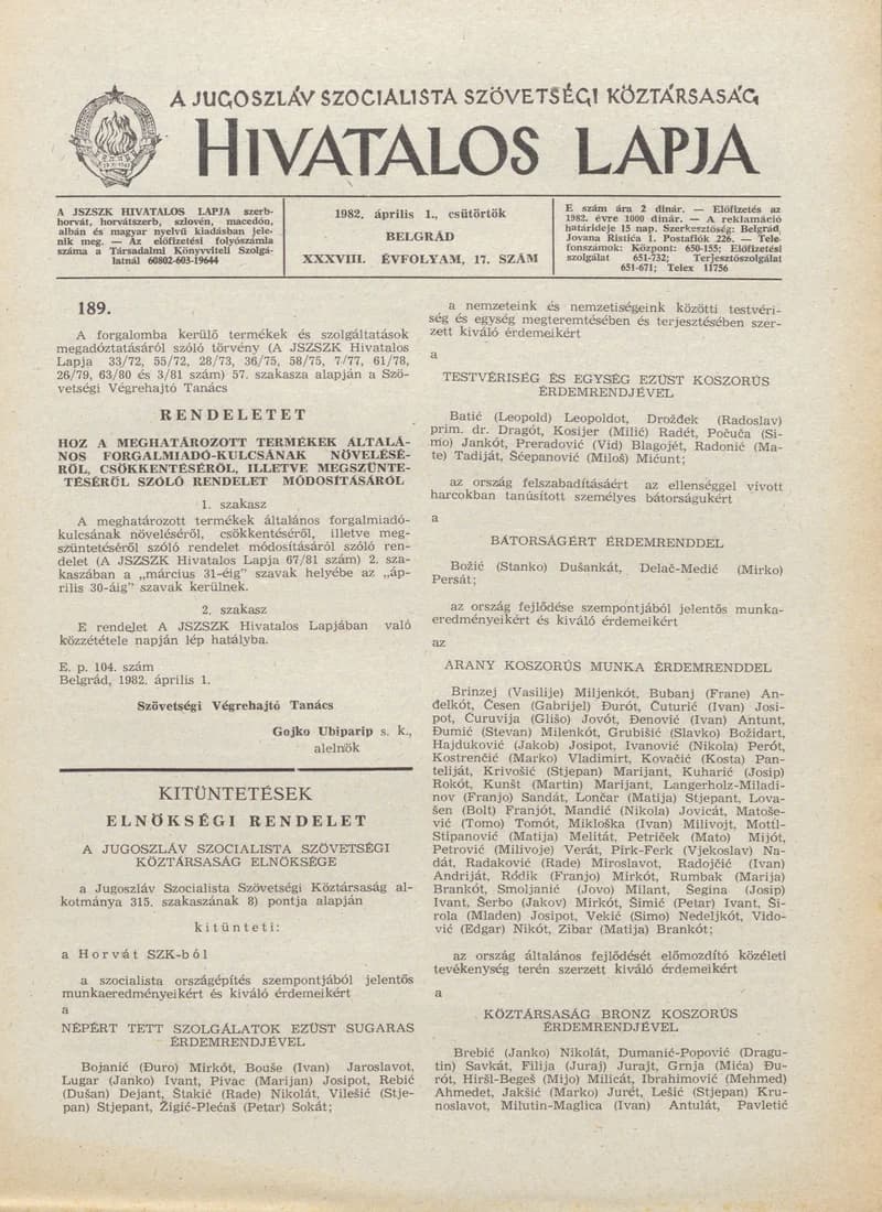 A Jugoszláv Szocialista Szövetségi Köztársaság Hivatalos Lapja, 38. évf. 1982. április 1. 17. sz. 465–468. oldal