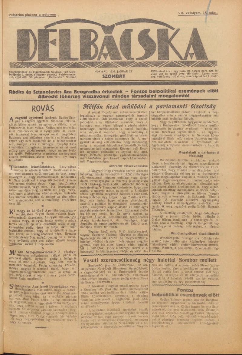 Délbácska, 7. évf. 1926. január 23. 18. sz.