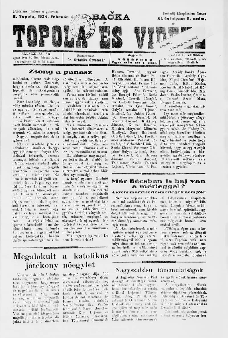 Bačka Topola és Vidéke, 11. évf. 1934. február 4. 5. sz.