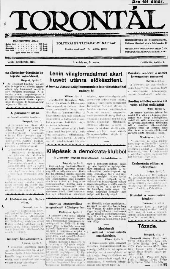 Torontál, 50. évf. 1921. április 7. 74. sz.