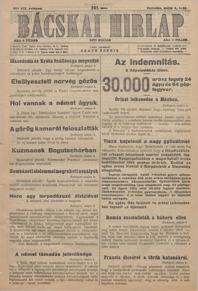 Bácskai Hirlap, 19. évf. 1915. május 4. 201. sz.