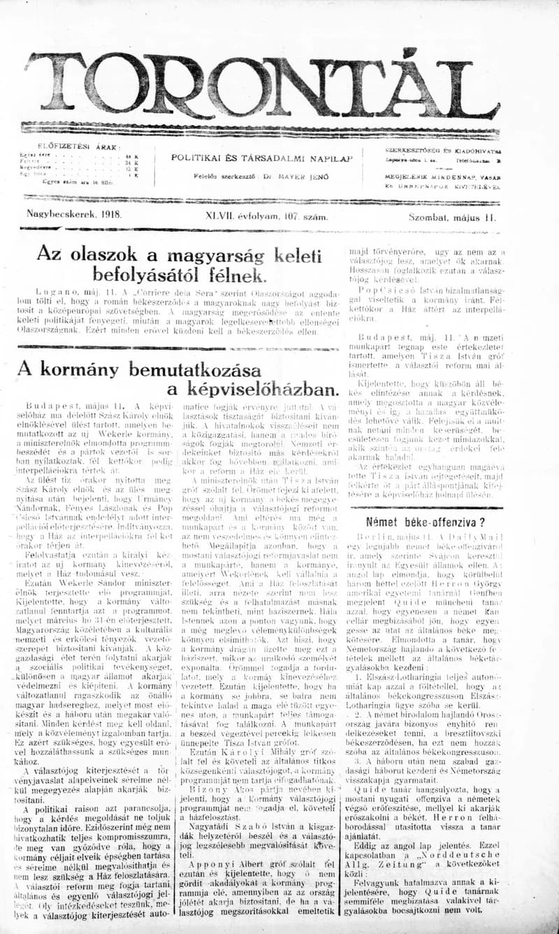 Torontál, 47. évf. 1918. május 11. 107. sz.