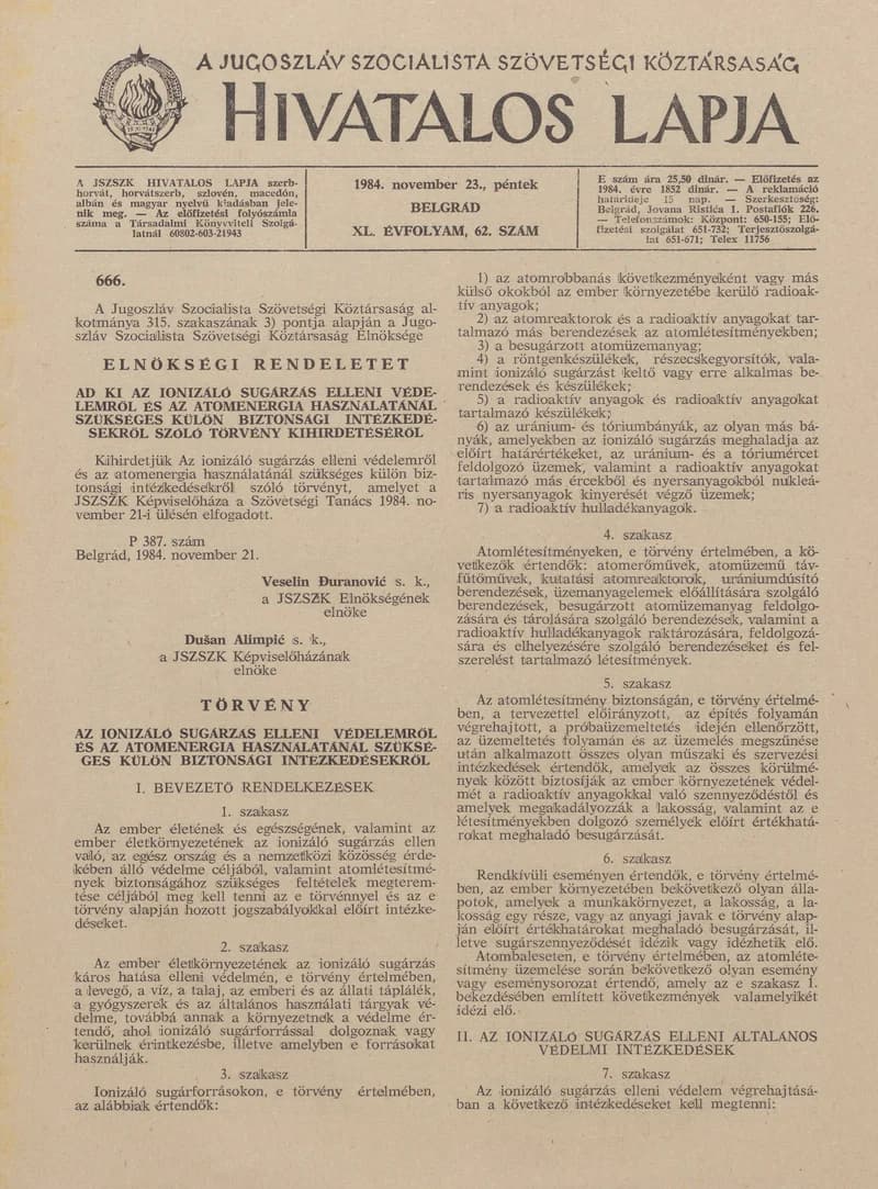 A Jugoszláv Szocialista Szövetségi Köztársaság Hivatalos Lapja, 40. évf. 1984. november 23. 62. sz. 1371–1394. oldal