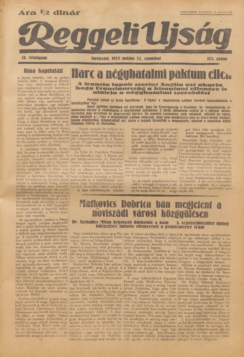Reggeli Újság, 14. évf. 1933. május 27. 123. sz.
