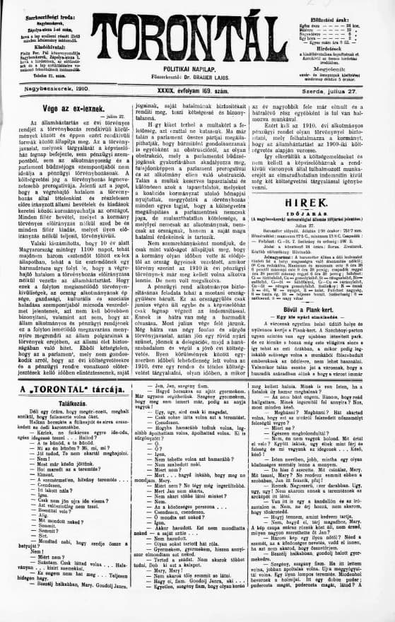 Torontál, 39. évf. 1910. július 27. 169. sz.