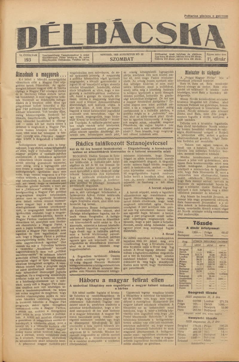 Délbácska, 6. évf. 1925. augusztus 22. 193. sz.