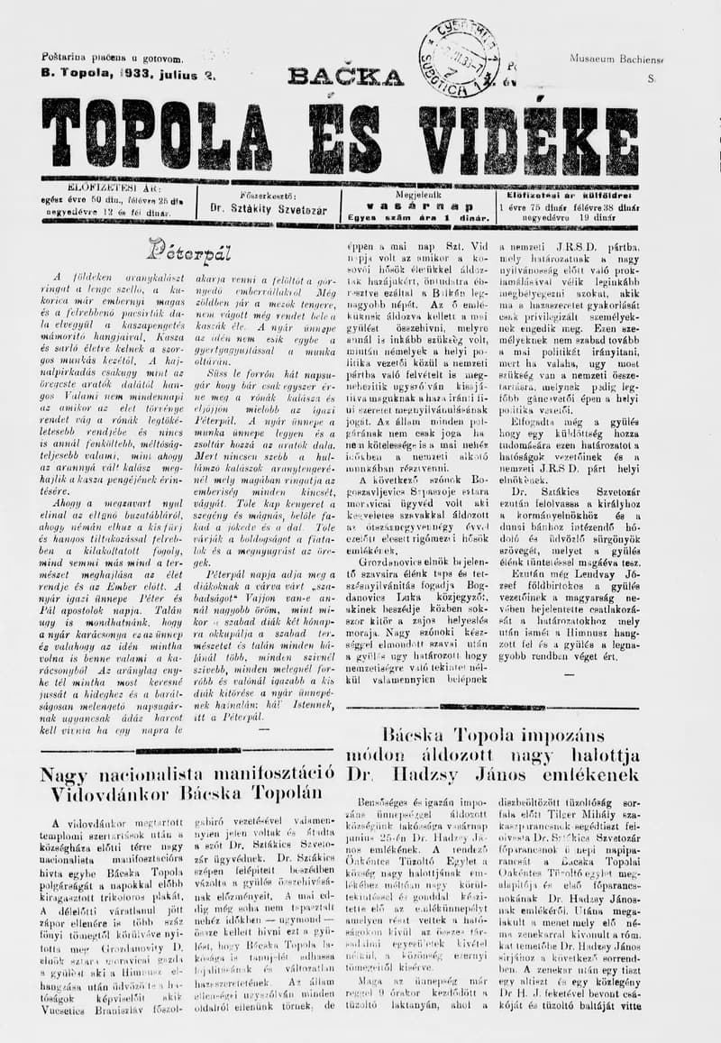 Bačka Topola és Vidéke, 10. évf. 1933. július 2. 27. sz.