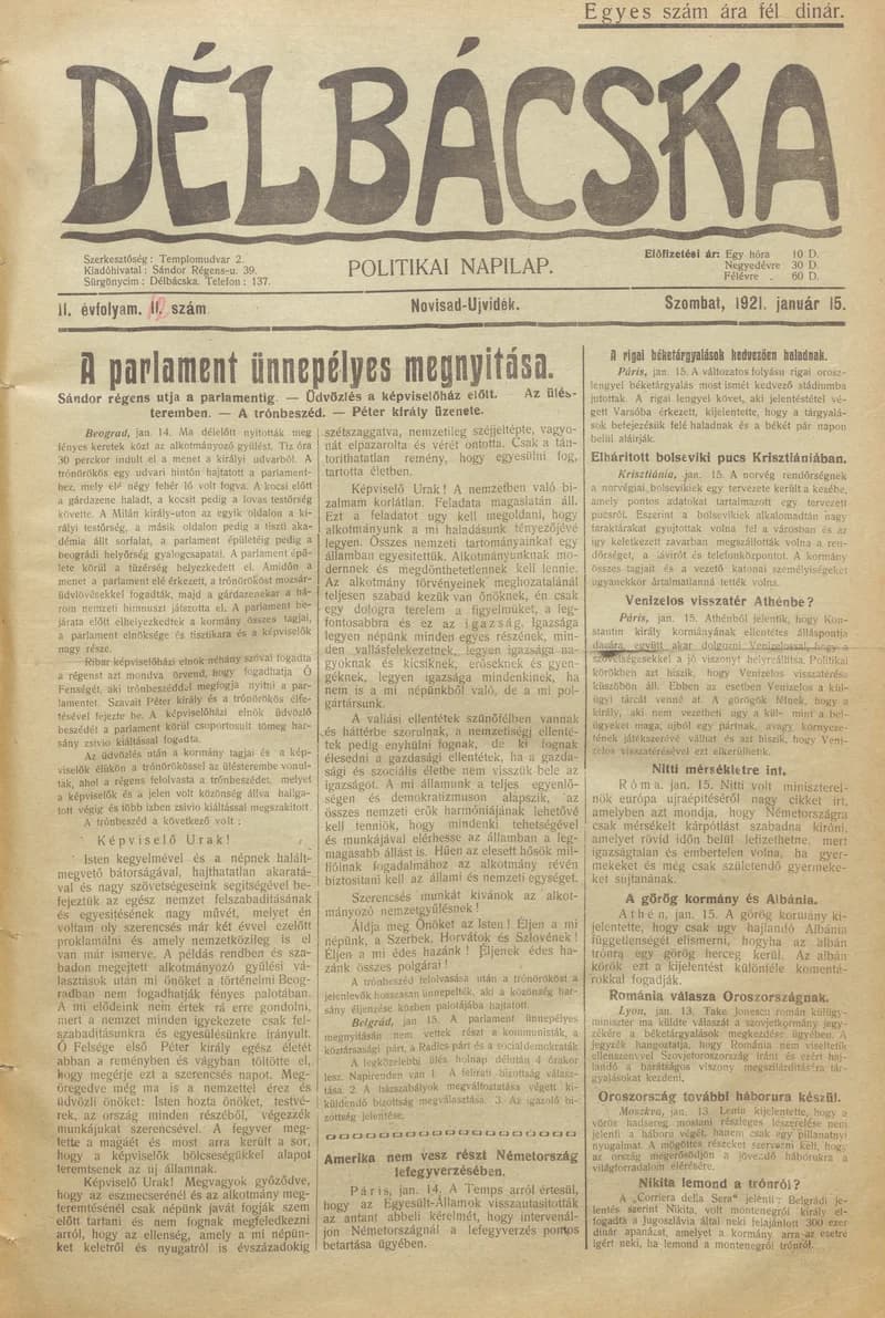 Délbácska, 2. évf. 1921. január 15. 12. sz.