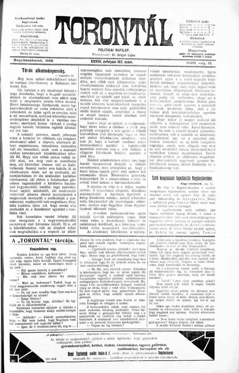 Torontál, 37. évf. 1908. augusztus 10. 182. sz.