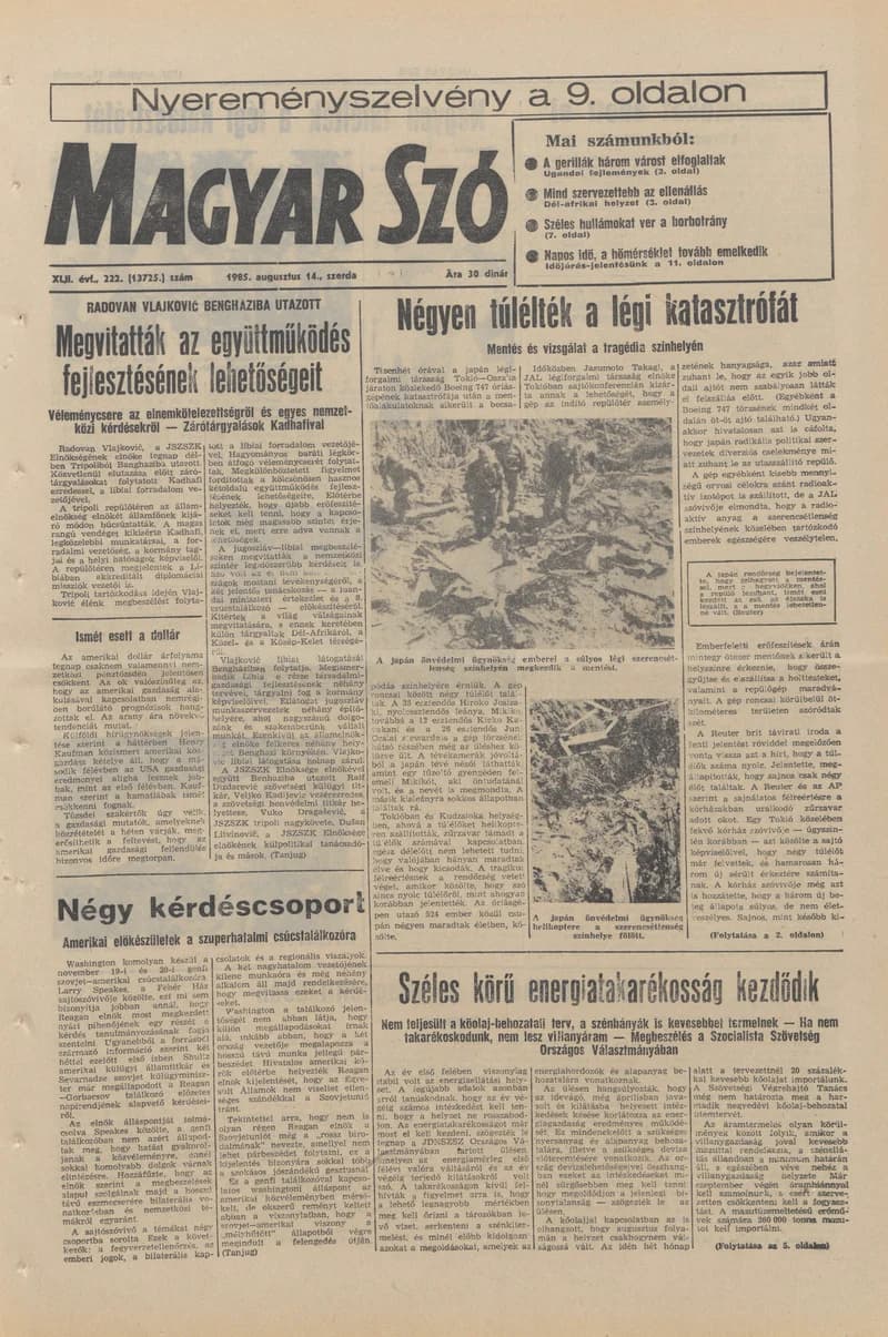 Magyar Szó, 42. évf. 1985. augusztus 14. 222. sz. 1–16. oldal