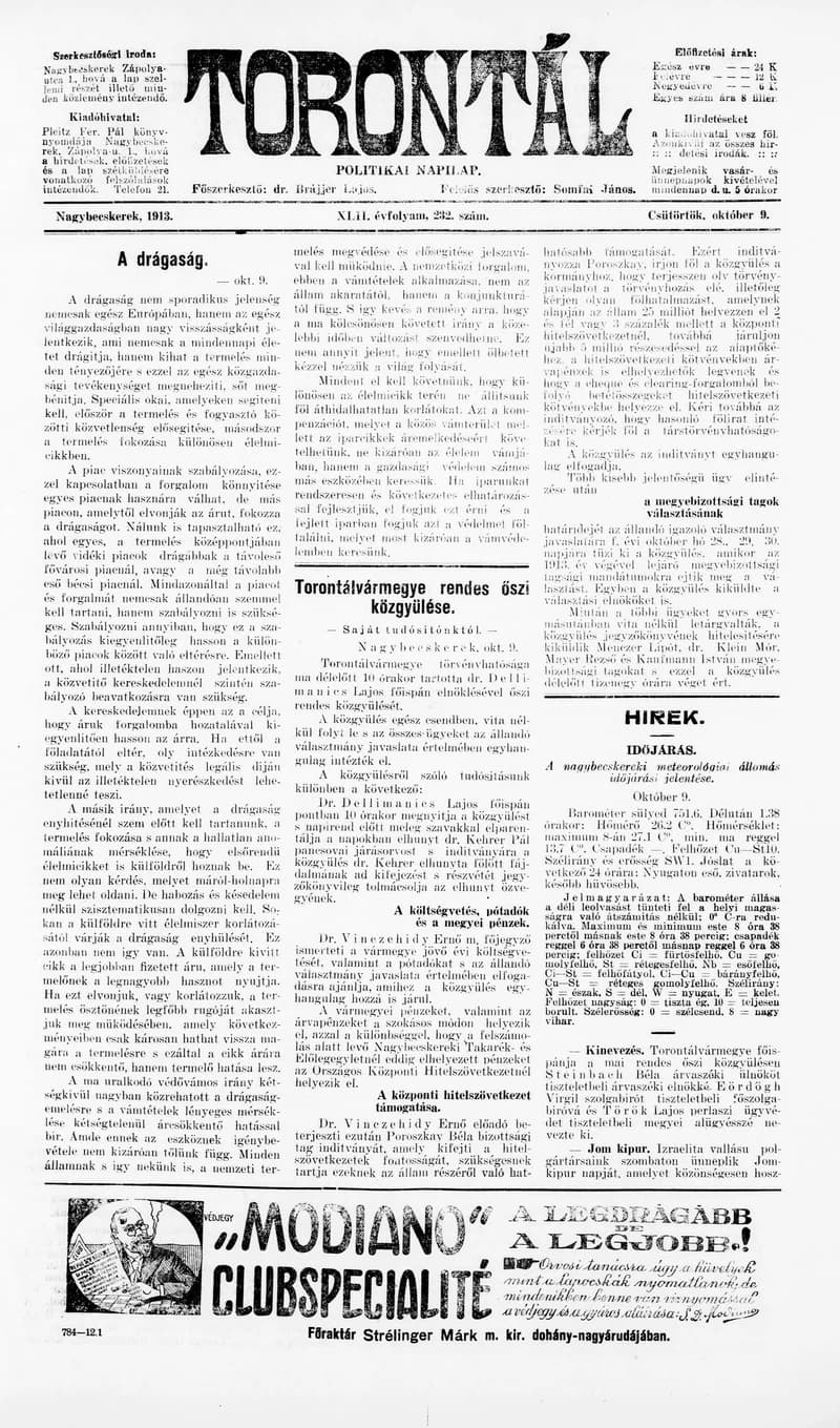 Torontál, 42. évf. 1913. október 9. 232. sz.