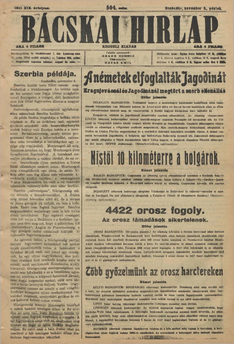 Bácskai Hirlap, 19. évf. 1915. november 5. 504. sz.