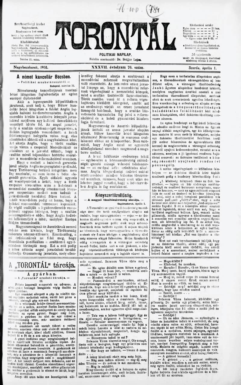 Torontál, 37. évf. 1908. április 1. 76. sz.