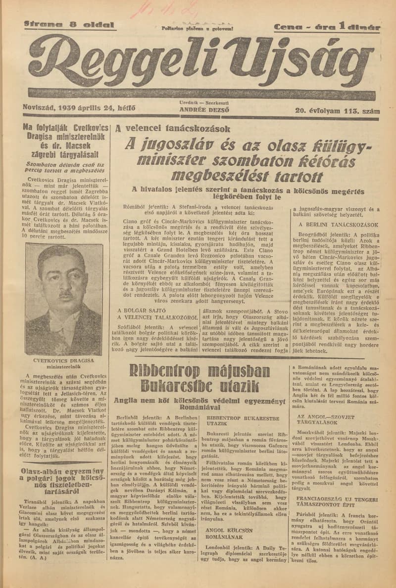 Reggeli Újság, 20. évf. 1939. április 24. 113. sz.