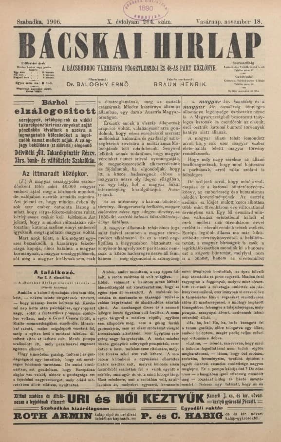 Bácskai Hirlap, 10. évf. 1906. november 18. 264. sz.