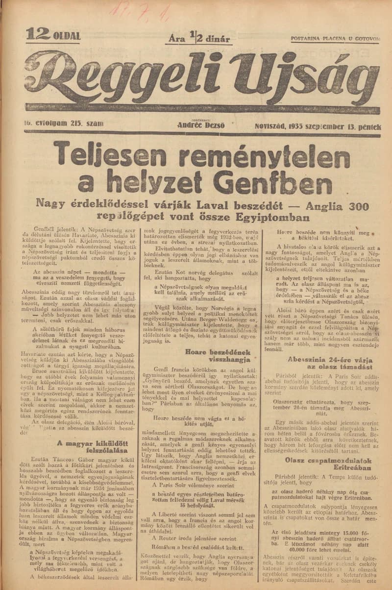 Reggeli Újság, 16. évf. 1935. szeptember 13. 215. sz.