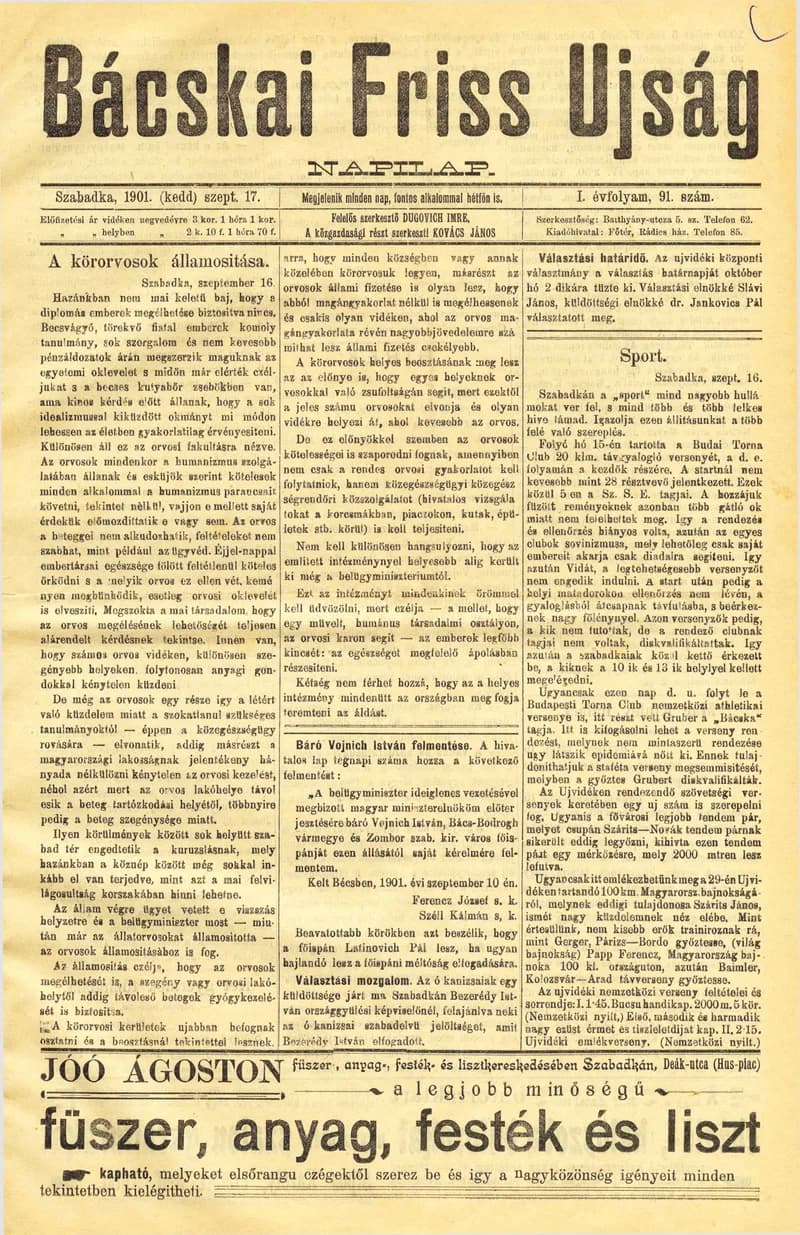 Bácskai Friss Ujság, 1. évf. 1901. szeptember 17. 91. sz.