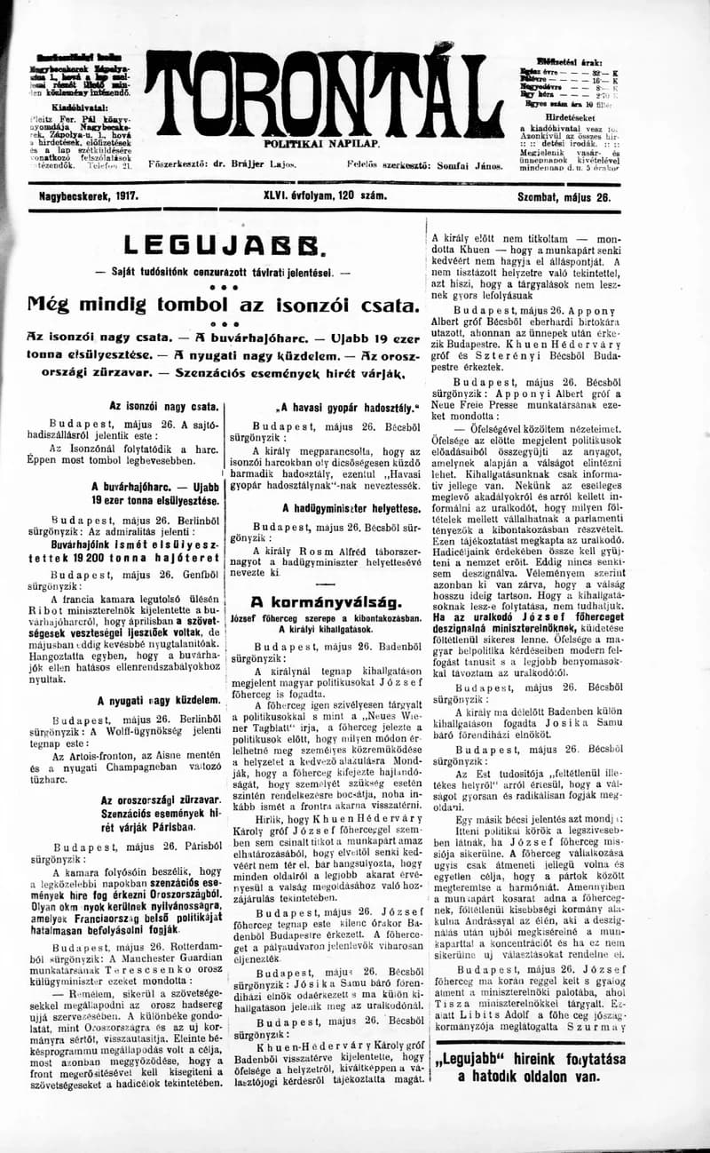 Torontál, 46. évf. 1917. május 26. 120. sz.