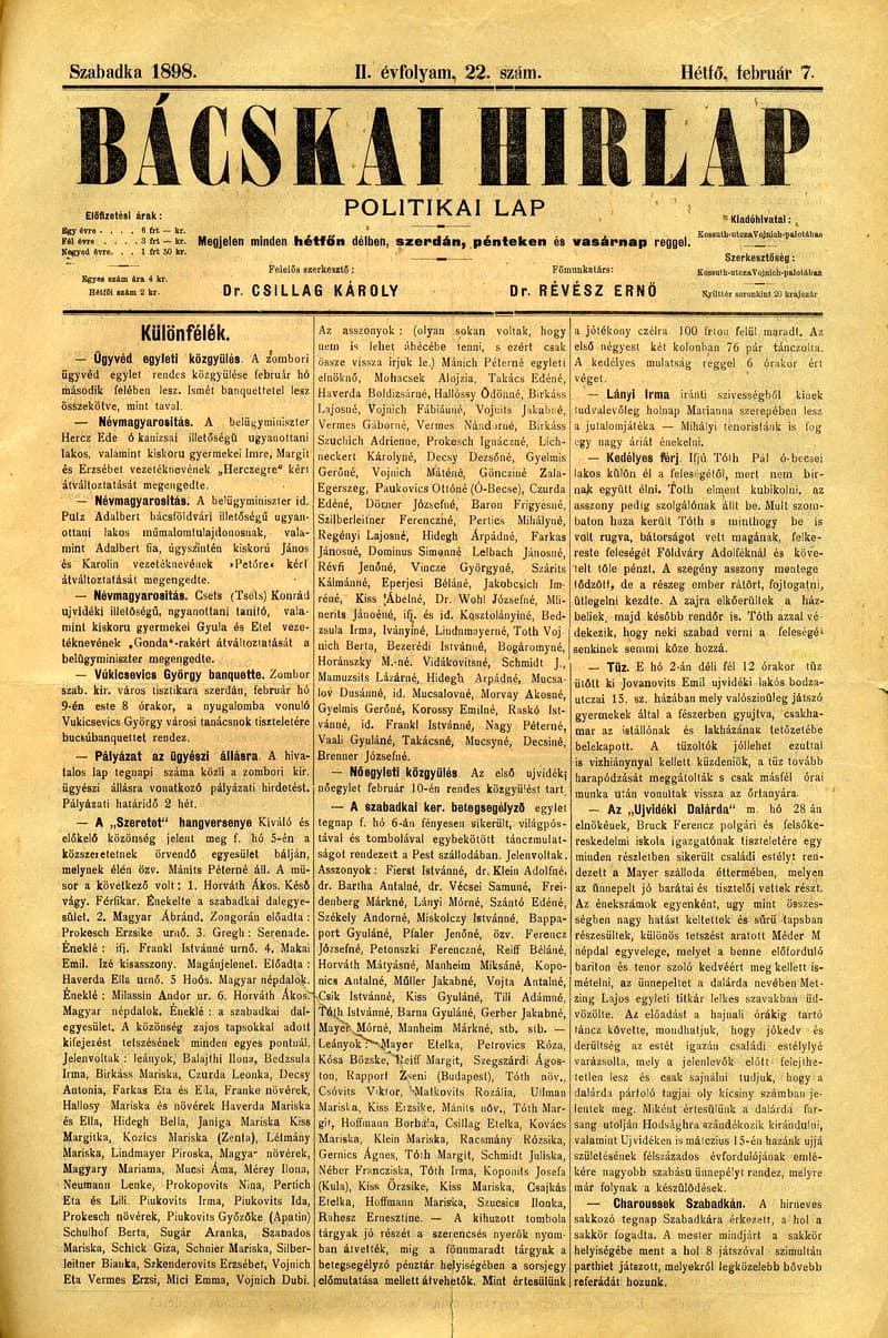 Bácskai Hirlap, 2. évf. 1898. február 7. 22. sz. 1–2. oldal