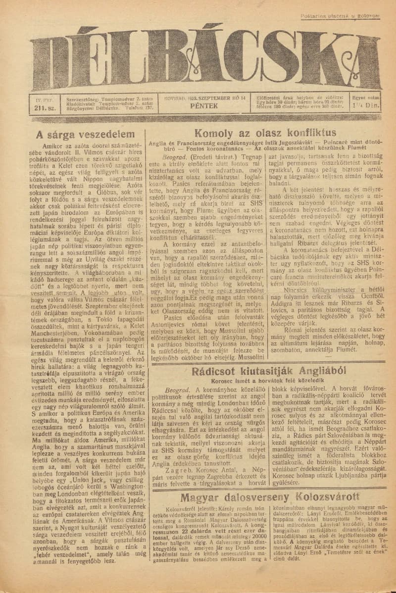 Délbácska, 4. évf. 1923. szeptember 14. 211. sz.