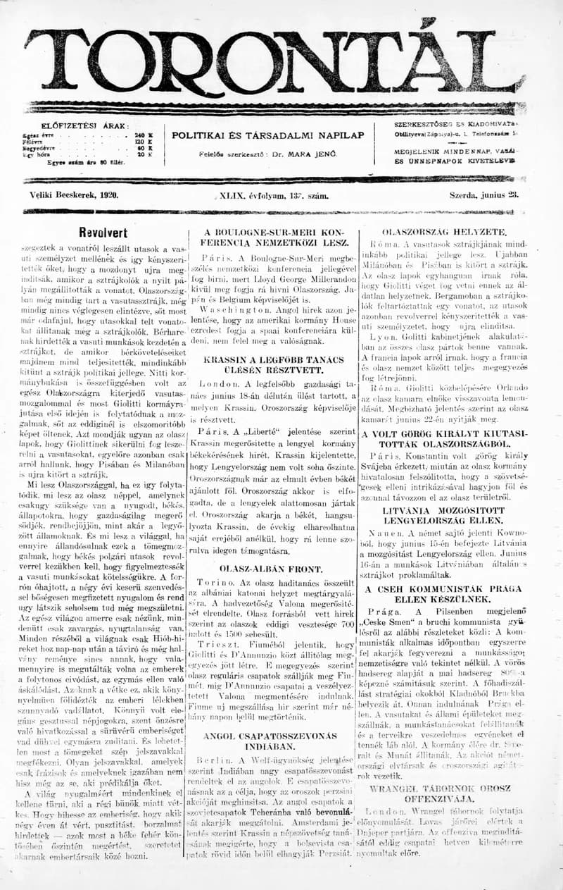 Torontál, 49. évf. 1920. június 23. 137. sz.
