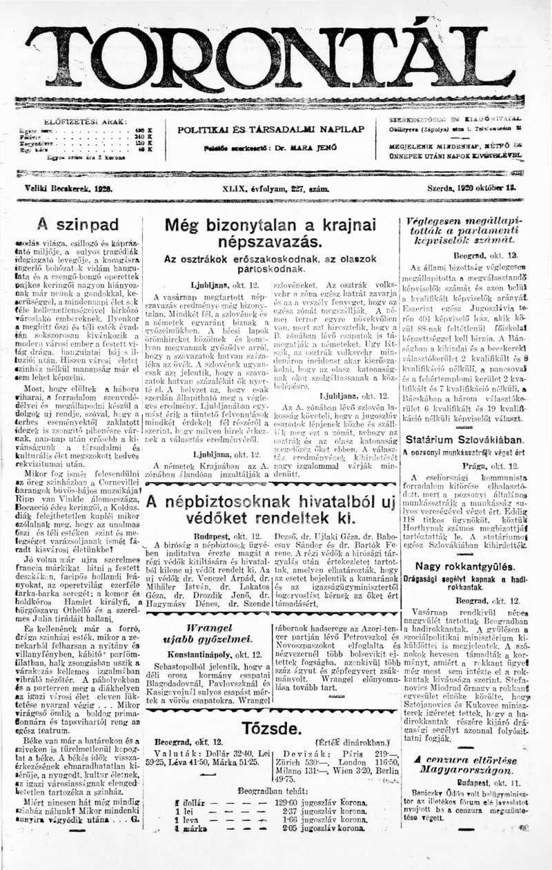 Torontál, 49. évf. 1920. október 13. 227. sz.