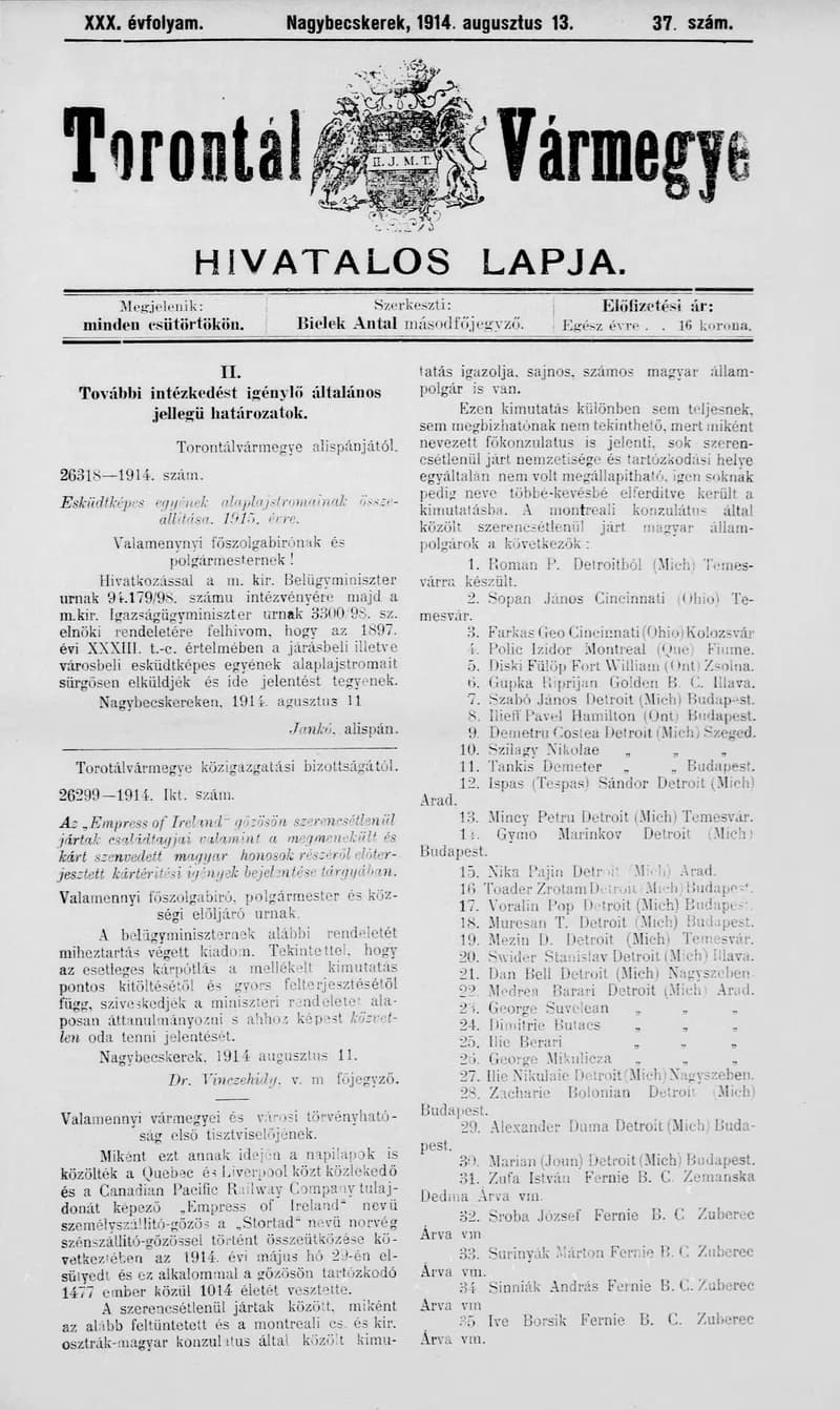 Torontál Vármegye Hivatalos Lapja, 30. évf. 1914. augusztus 13. 37. sz.