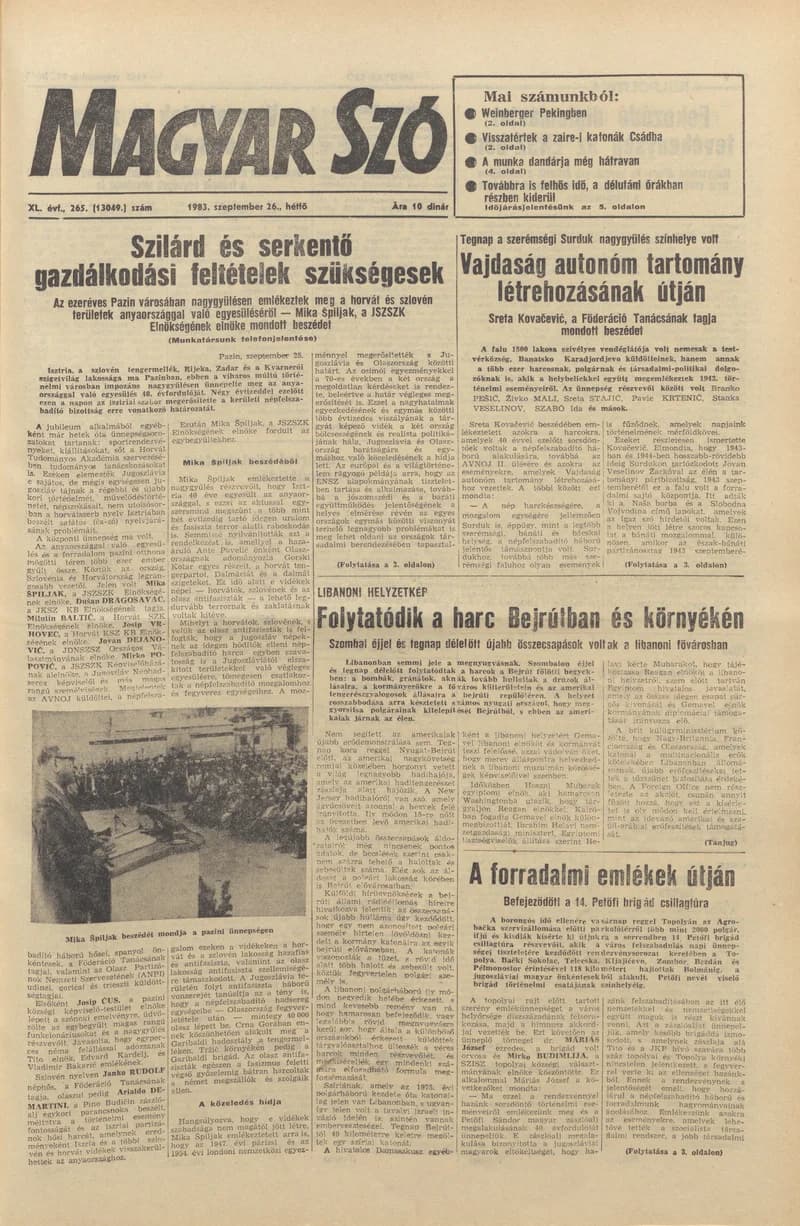 Magyar Szó, 40. évf. 1983. szeptember 26. 265. sz.