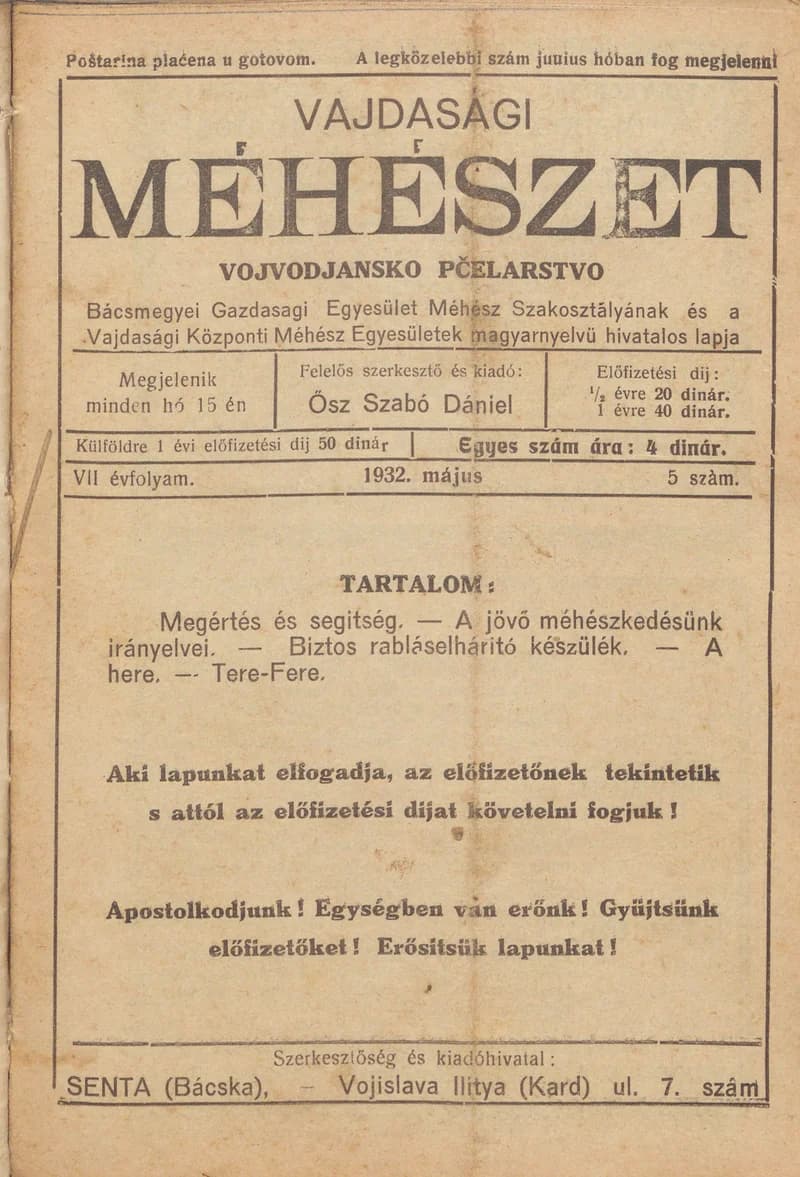 Vajdasági méhészet, 7. évf. 1932. május 1. 5. sz.