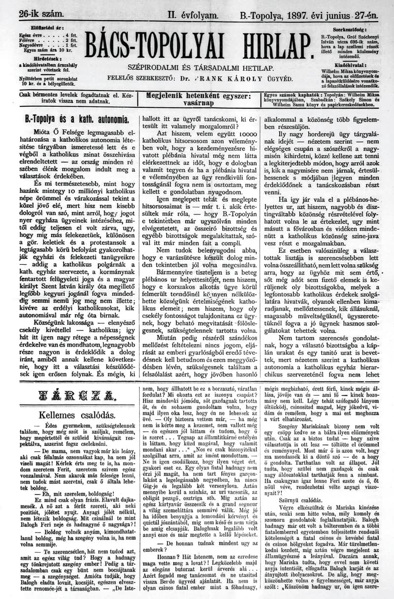 Bács-Topolyai Hirlap, 2. évf. 1897. június 27. 26. sz.