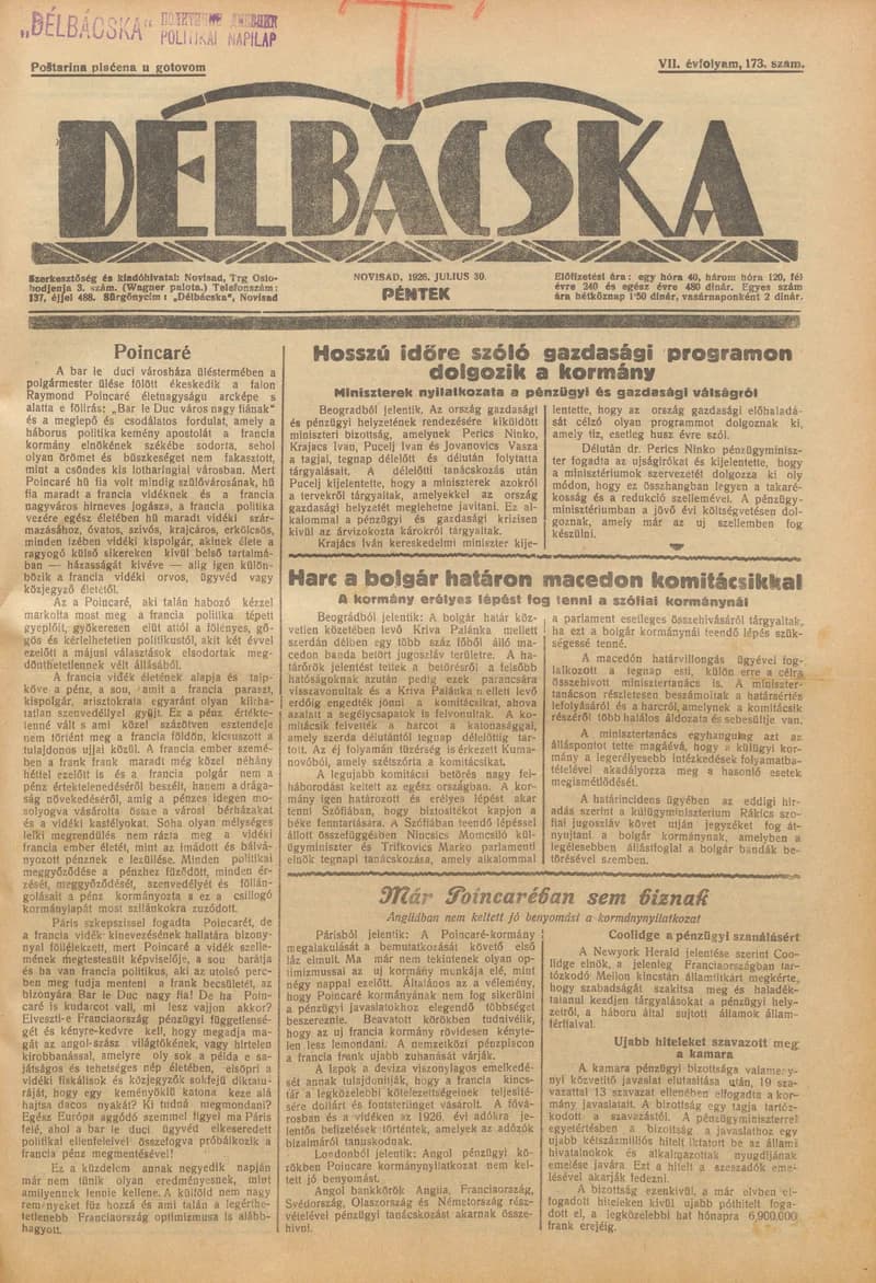 Délbácska, 7. évf. 1926. július 30. 173. sz.