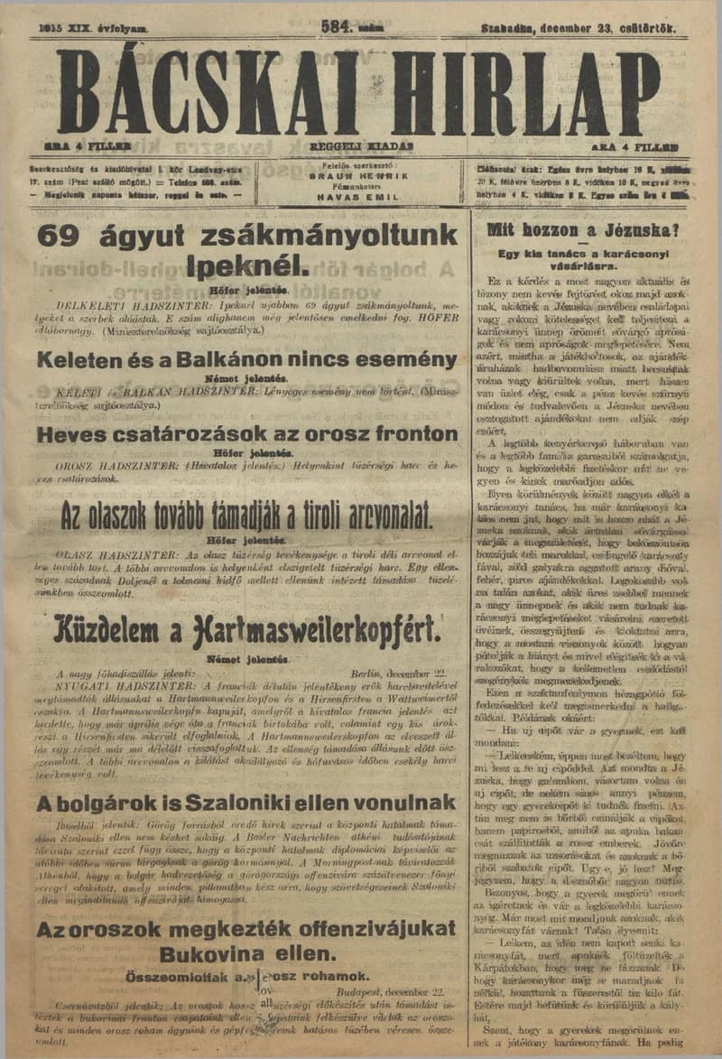 Bácskai Hirlap, 19. évf. 1915. december 23. 584. sz.