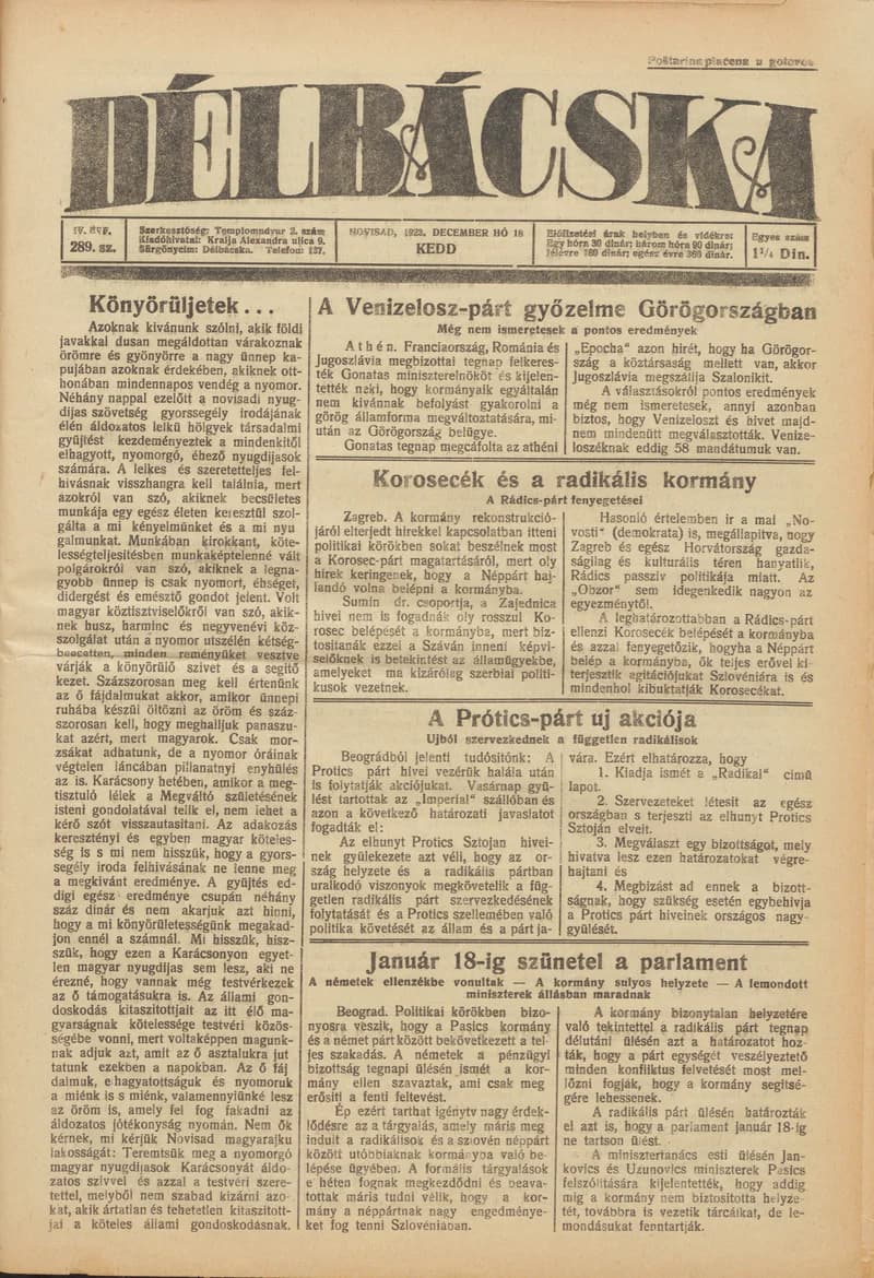 Délbácska, 4. évf. 1923. december 18. 289. sz.
