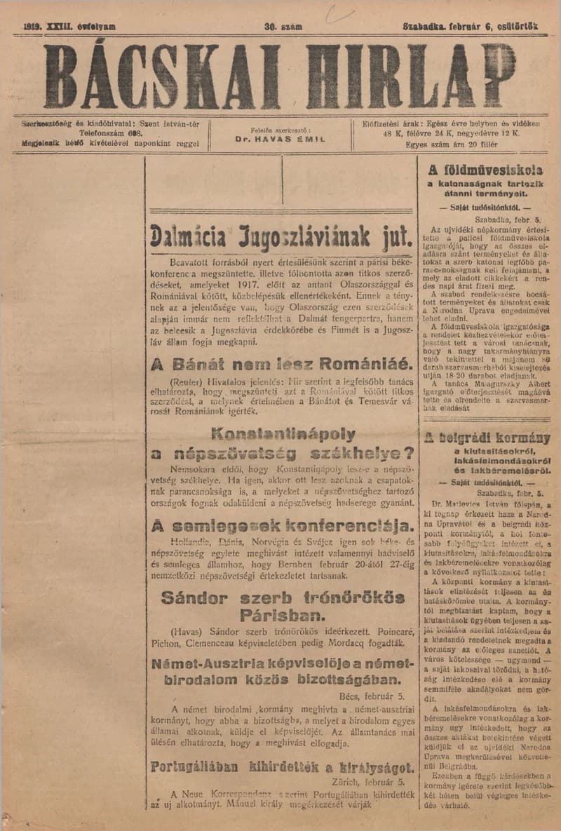 Bácskai Hirlap, 23. évf. 1919. február 6. 30. sz.
