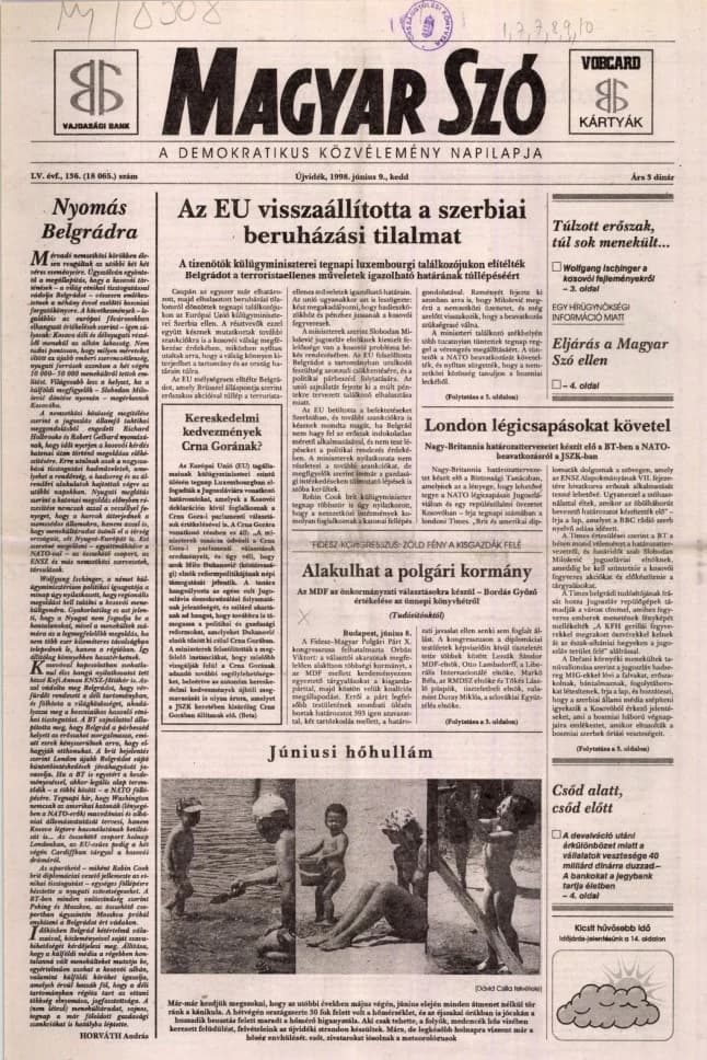 Magyar Szó, 55. évf. 1998. június 9. 136. sz. 1–16. oldal