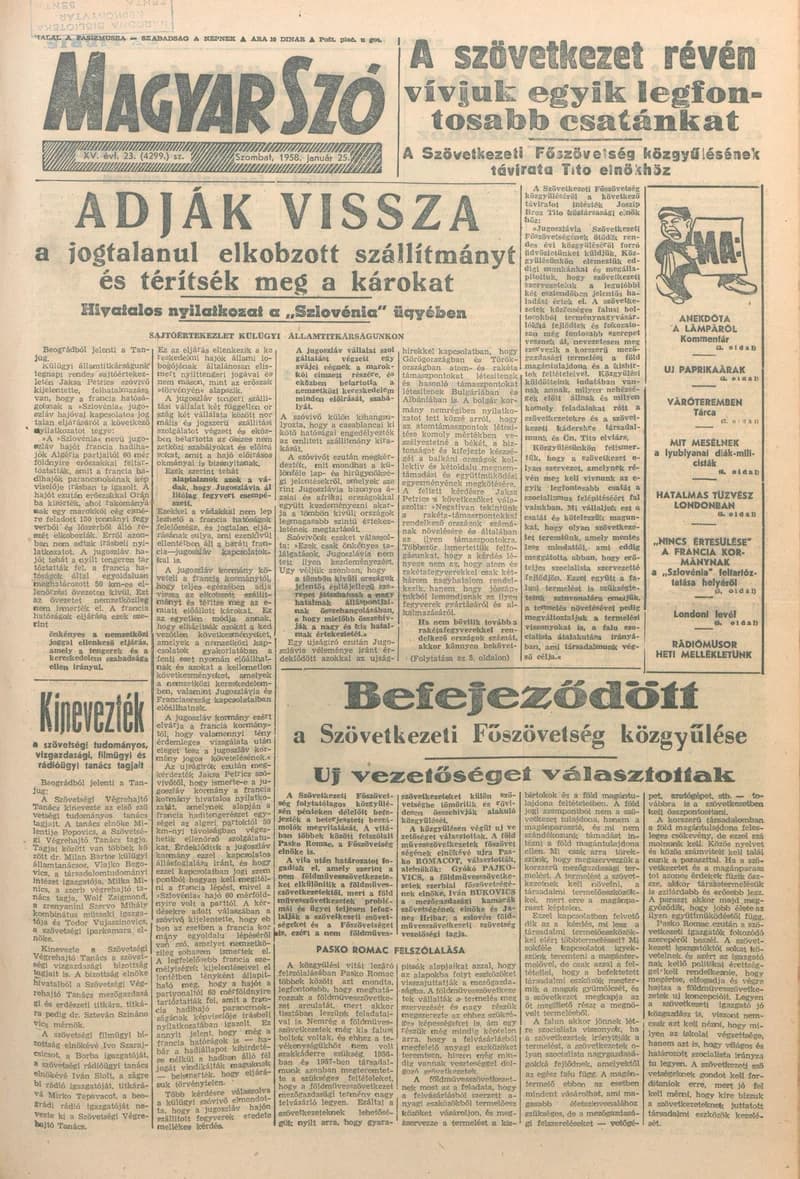 Magyar Szó, 15. évf. 1958. január 25. 23. sz. 1–12. oldal