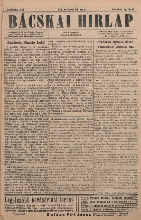 Bácskai Hirlap, 16. évf. 1912. április 13. 84. sz.